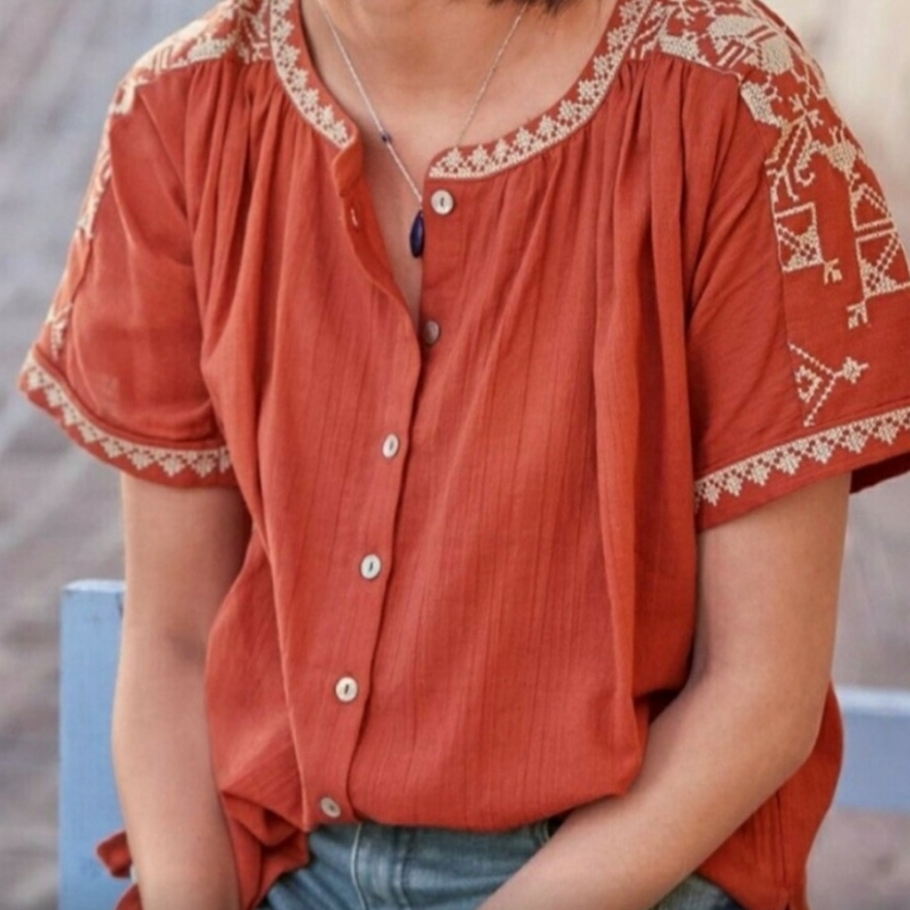 Sundance Rust Orange Embroidered Button-Down Top